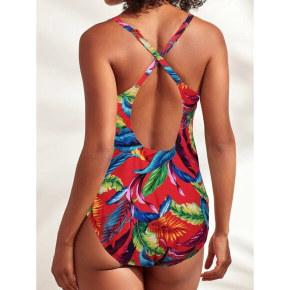Caribbean Joe Womens 14 Red Tropical Print One Piece Swimsuit NWT‎ - Picture 2 of 6